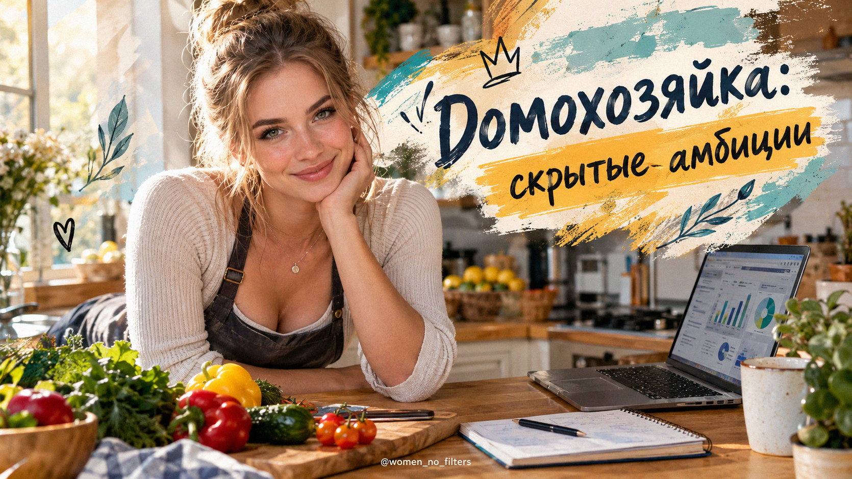 Женщина домохозяйка на фоне домашнего быта мечтает о карьере и большом успехе