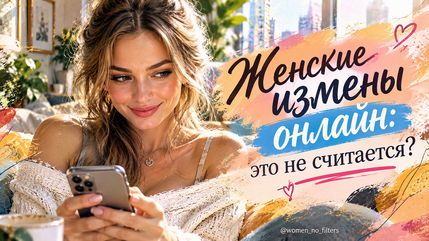 Девушка тайно переписывается в смартфоне, символизируя женскую виртуальную измену